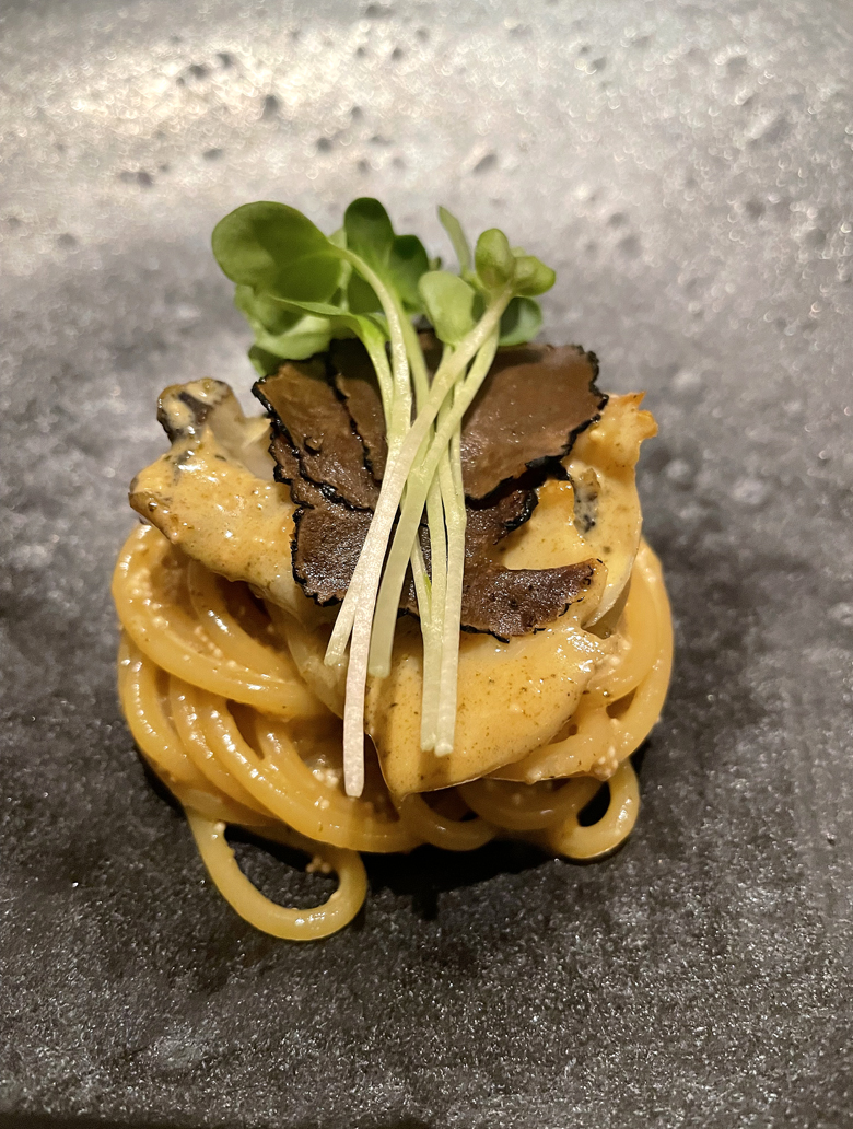 N/Naka signature dishes A 13-course modern kaiseki menu is the only offering. A signature dish is the "Shiizakana," a pasta course that blends Japanese and Italian influences.